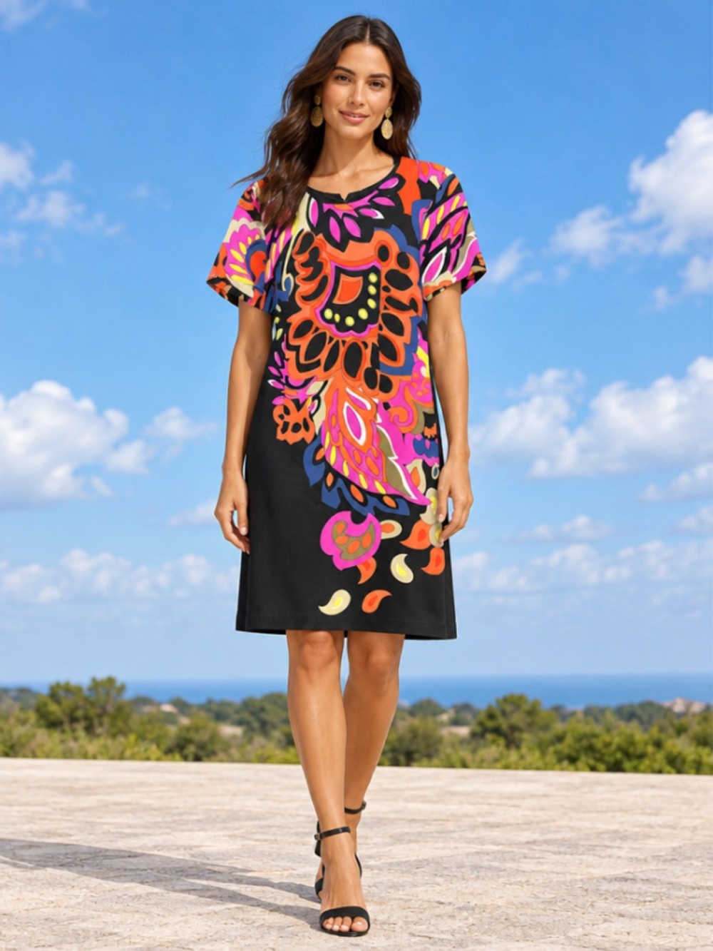 Trina Turk Black Mini Dress with Bright Pink & Orange Floral Print